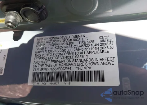 2022 Honda Passport 2Wd Ex-L from USA, damaged, VIN 5FNYF7H56NB002984